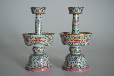 A pair of Chinese famille rose candlesticks, Jaiqing mark, 19/20th C.
