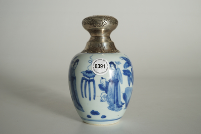 A Chinese blue and white silver-mounted tea caddy, Kangxi