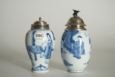 Two Chinese blue and white silver-mounted tea caddies, Kangxi