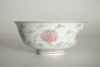 A Chinese underglaze red lotus scroll bowl, Kangxi mark, 20th C.