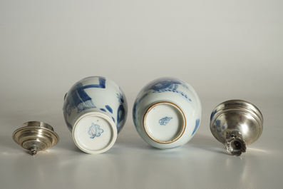 Two Chinese blue and white silver-mounted tea caddies, Kangxi