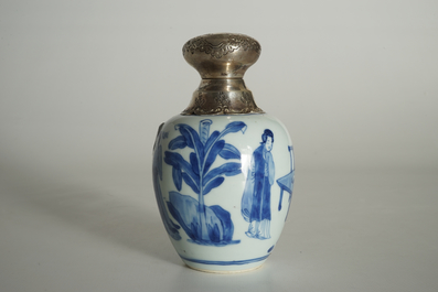 A Chinese blue and white silver-mounted tea caddy, Kangxi