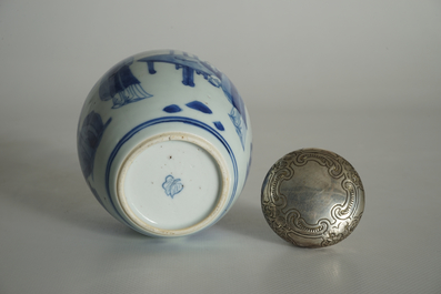 A Chinese blue and white silver-mounted tea caddy, Kangxi