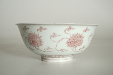 A Chinese underglaze red lotus scroll bowl, Kangxi mark, 20th C.
