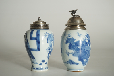 Two Chinese blue and white silver-mounted tea caddies, Kangxi