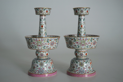 A pair of Chinese famille rose candlesticks, Jaiqing mark, 19/20th C.