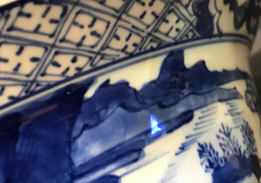 A Chinese blue and white klapmuts bowl with figural design, Xuande mark, Kangxi