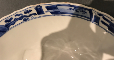 A Chinese blue and white moulded lotus-shaped bowl, Xuande mark, Kangxi