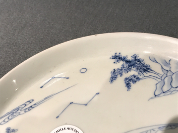 A Chinese blue and white pencil style plate, Yongzheng