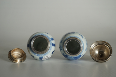 Two Chinese blue and white silver-mounted tea caddies, Kangxi
