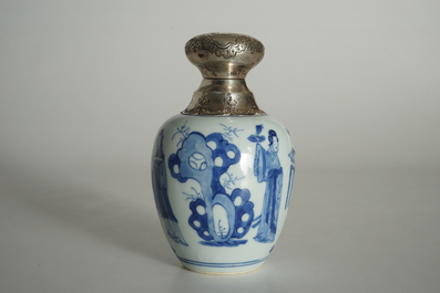A Chinese blue and white silver-mounted tea caddy, Kangxi