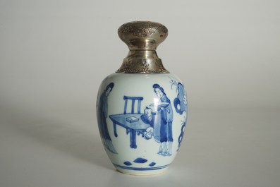 A Chinese blue and white silver-mounted tea caddy, Kangxi