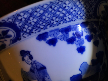 A Chinese blue and white klapmuts bowl with figural design, Xuande mark, Kangxi