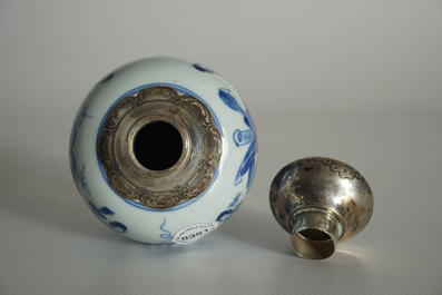 A Chinese blue and white silver-mounted tea caddy, Kangxi