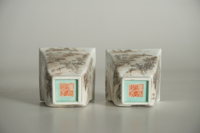 A pair of Chinese square-shaped cups with landscape design, Jiaqing mark, 19/20th C.