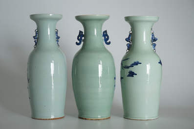 Drie grote Chinese vazen met blauwwit decor op celadon fondkleur, 19e eeuw