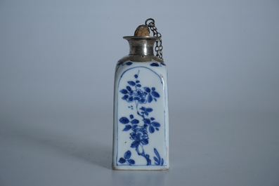 A square Chinese blue and white silver-mounted flask, Kangxi