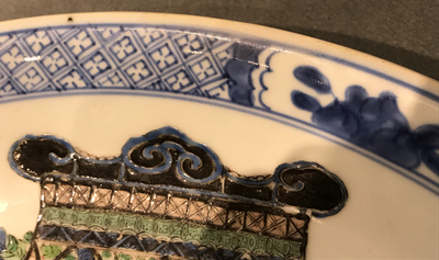 A Chinese famille verte dish with a flower basket, Kangxi