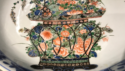 A Chinese famille verte dish with a flower basket, Kangxi