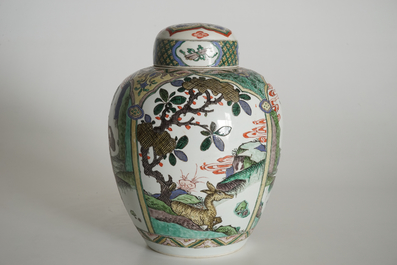 A Chinese famille verte Kangxi-style jar and cover, 19th C.