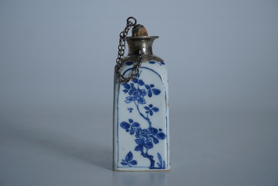 A square Chinese blue and white silver-mounted flask, Kangxi