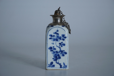 A square Chinese blue and white silver-mounted flask, Kangxi