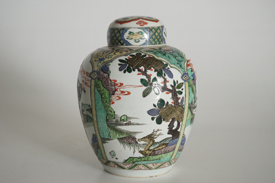 A Chinese famille verte Kangxi-style jar and cover, 19th C.