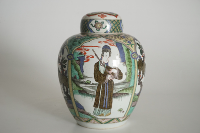 A Chinese famille verte Kangxi-style jar and cover, 19th C.