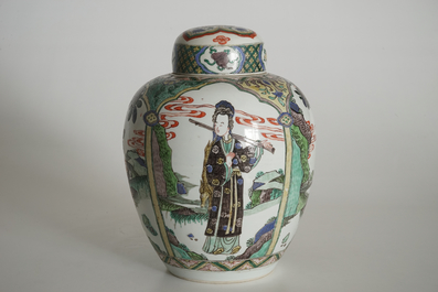 A Chinese famille verte Kangxi-style jar and cover, 19th C.
