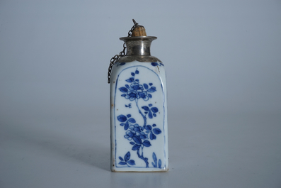 A square Chinese blue and white silver-mounted flask, Kangxi