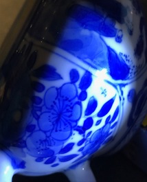 A Chinese blue and white teapot with figurative and floral panels, Kangxi