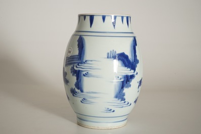 A Chinese blue and white olive-shaped vase with figures, Chongzhen, Transitional period