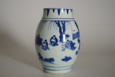 A Chinese blue and white olive-shaped vase with figures, Chongzhen, Transitional period