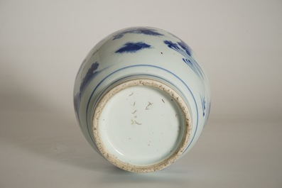 A Chinese blue and white olive-shaped vase with figures, Chongzhen, Transitional period