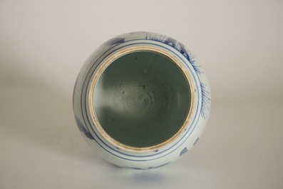 A Chinese blue and white olive-shaped vase with figures, Chongzhen, Transitional period