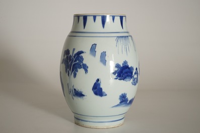 A Chinese blue and white olive-shaped vase with figures, Chongzhen, Transitional period