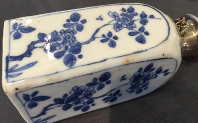 A square Chinese blue and white silver-mounted flask, Kangxi