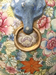 A Chinese famille rose millefleurs hu vase, Qianlong mark, 19/20th C.