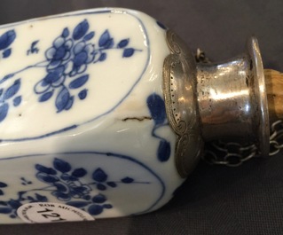 A square Chinese blue and white silver-mounted flask, Kangxi