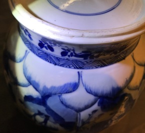 A Chinese blue and white globular vase with wooden cover and stand, Kangxi