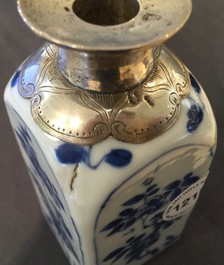 A square Chinese blue and white silver-mounted flask, Kangxi