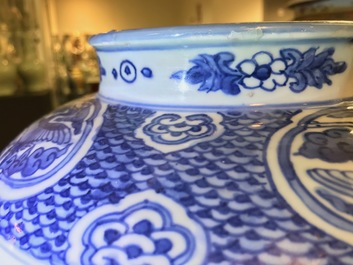 A Chinese blue and white vase with Buddhist lions and peonies, Ming, Wanli
