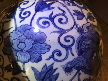 A Chinese blue and white vase with Buddhist lions and peonies, Ming, Wanli