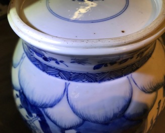 A Chinese blue and white globular vase with wooden cover and stand, Kangxi
