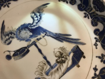 A pair of Chinese Pronk studio eggshell plates with parrots on a perch, Yongzheng/Qianlong