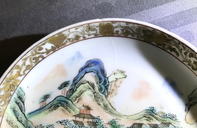 A Chinese famille rose cup and saucer with landscape design, Yongzheng
