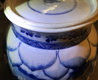 A Chinese blue and white globular vase with wooden cover and stand, Kangxi