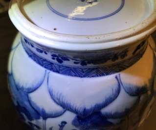 A Chinese blue and white globular vase with wooden cover and stand, Kangxi