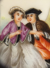 A Chinese export porcelain "Commedia dell'Arte" saucer dish after Watteau, Qianlong