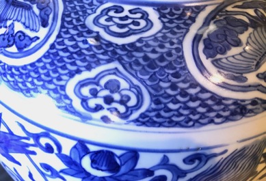 A Chinese blue and white vase with Buddhist lions and peonies, Ming, Wanli
